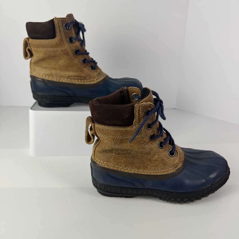Sorel Cheyanne Metro Waterproof Duck Boots Brown Navy Blue Leather NY1848-225 3Y